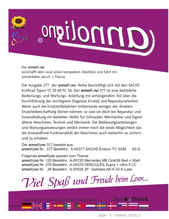 SACHS Kraftrad Typen TC 50 M/TC 50 Bild- Bedienungsanleitung & Wartungsanweisung & Selbsthilfe  - annoligno 377